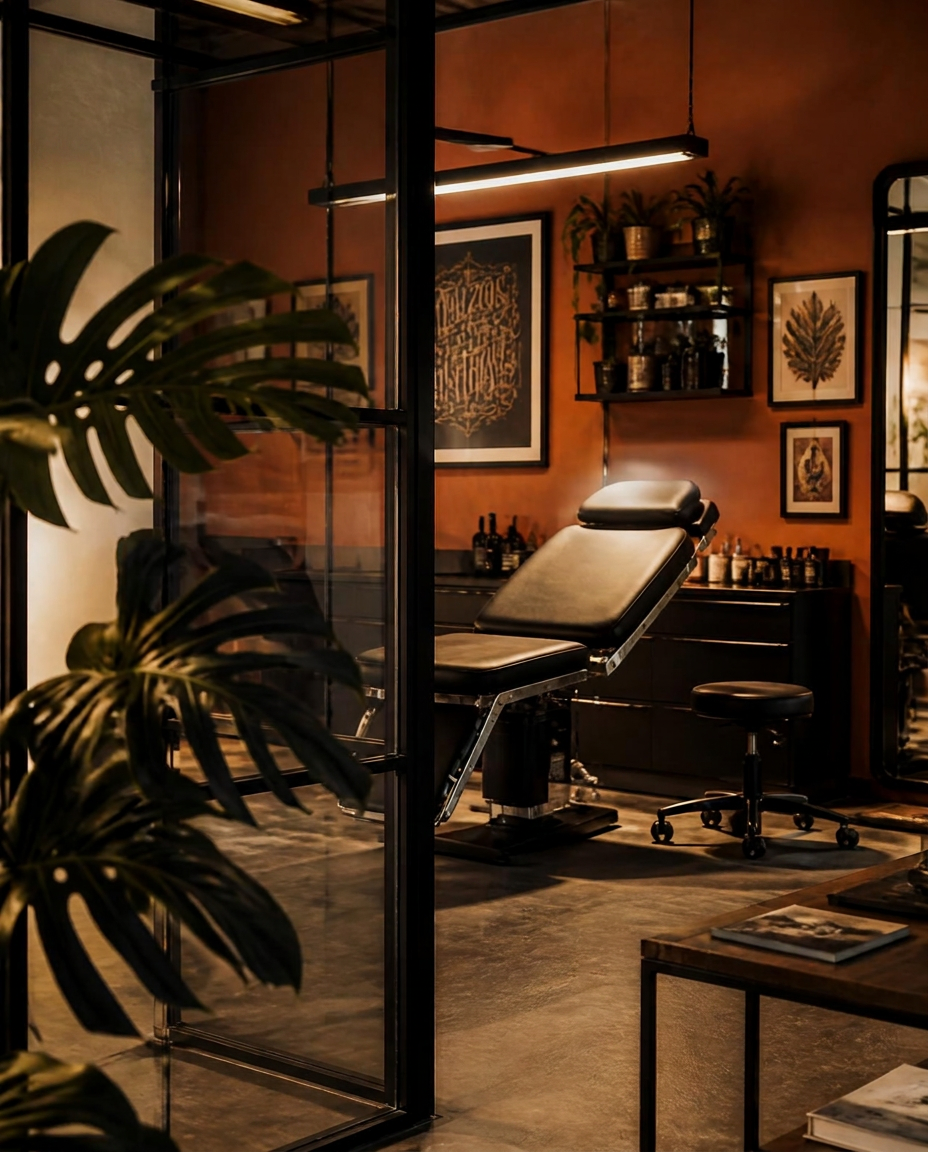 Tattoo studio interior with clay walls and warm light